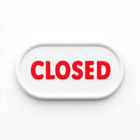 A bright red "CLOSED" sign against a clean white backdrop captures attention. Ideal for businesses wishing to inform customers of temporary closures or unavailability.の素材