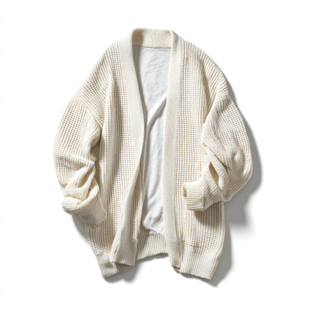 A cozy cream knit cardigan displayed against a clean white background. Ideal for showcasing casual fashion, layering options, and modern apparel aesthetics.の素材