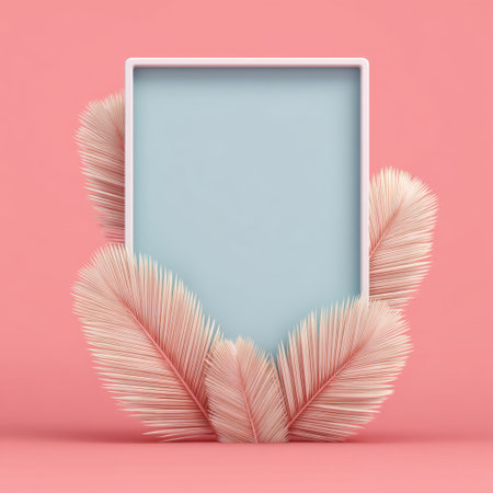 A stylish minimalist frame adorned with soft pink feathers, set against a blush background, perfect for showcasing artwork or creating decorative inspiration.の素材
