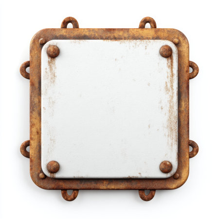 An empty rusty metal plate with a square shape, featuring rounded edges and four prominent bolts, ideal for creative projects or custom signage.の素材