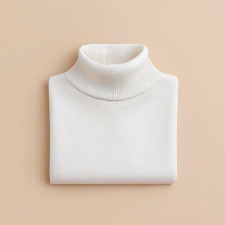Cozy and soft white turtleneck sweater rests on a beige background, showcasing minimalist design and warm texture. Perfect for layering and stylish winter outfits.の素材