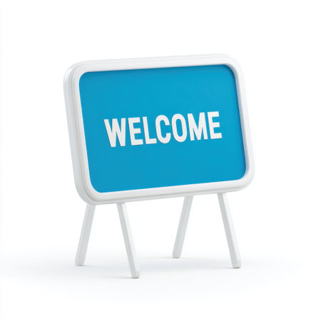 A vibrant blue welcome sign with bold white letters suited for inviting guests at events, businesses, or spaces. Enhance atmosphere with this cheerful decor piece.の素材