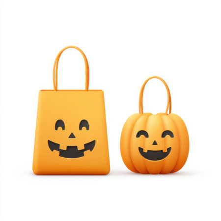 This lively Halloween image features a cheerful shopping bag and a pumpkin, both with playful smiles, perfect for capturing the spirit of festive autumn celebrations.の素材