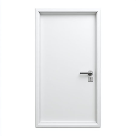 A pristine white door featuring a sleek lock, perfect for modern interiors. This minimalist design enhances any space while providing security and privacy.の素材