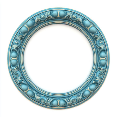 Elegant turquoise circular frame features intricate swirls and detailed patterns, perfect for enhancing any stylish interior or serving as a creative decorative accent.の素材