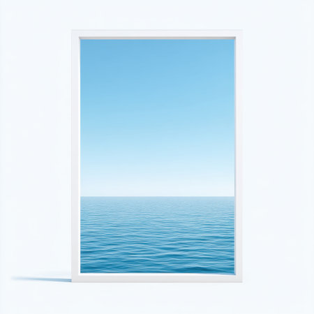 A stunning view of a tranquil ocean encapsulated in a minimalist white frame, showcasing the harmony of clear blue waters and an endless sky, perfect for relaxation.の素材