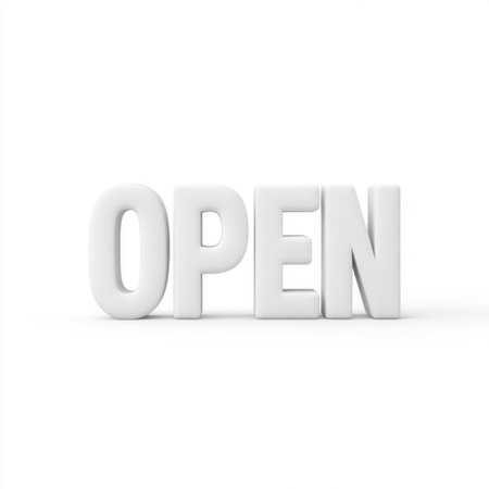 This 3D render showcases the word "OPEN" in bold letters, emphasizing accessibility and service for businesses, shops, and retail environments in a clean design.の素材