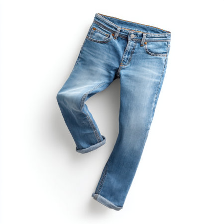 Stylish blue jeans with a modern design showcased on a white background. An essential piece for casual outfits, perfect for all seasons and occasions.の素材