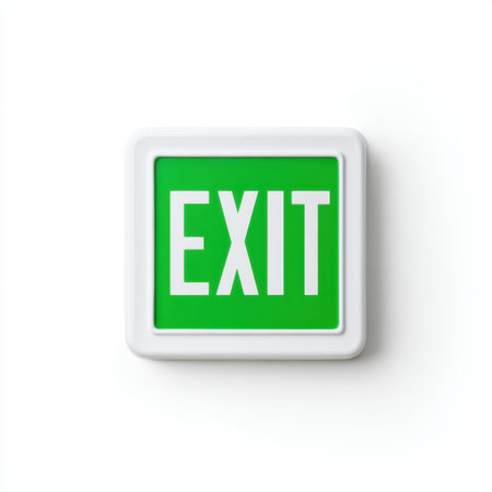 This vibrant green exit sign with prominent white text serves as a crucial safety feature in buildings, guiding individuals toward emergency exits effectively.の素材