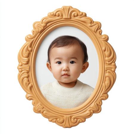 A captivating portrait of a baby in a beautiful decorative frame. The soft lighting complements the innocent and charming expression of the child, creating a heartwarming image.の素材