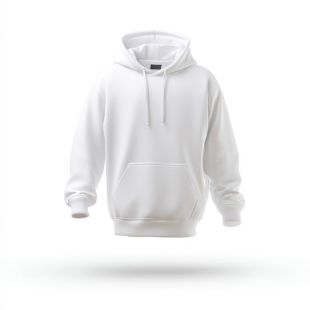 A clean and minimalist white hoodie pullover displayed on a white background, perfect for showcasing casual and stylish apparel designs and streetwear inspiration.の素材
