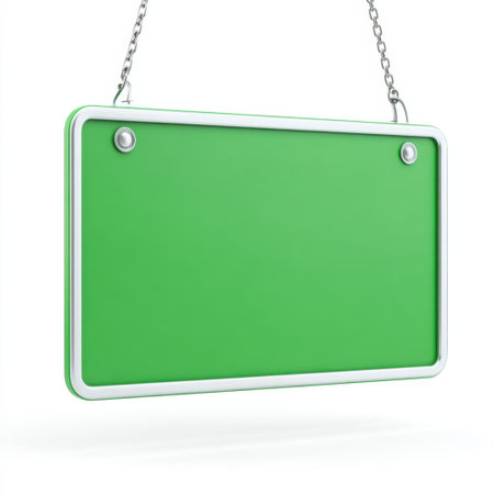 This image features a blank green sign hanging from a metal chain, ideal for displaying custom messages. Suitable for various settings, this versatile design allows creative expressions.の素材