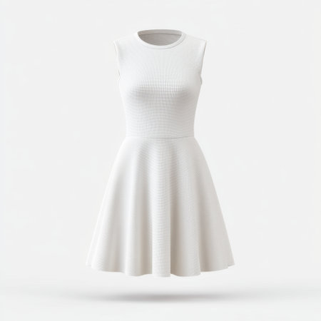 This beautiful white sleeveless dress features a flared skirt, ideal for various occasions. Its minimalist design enhances elegance and versatility in fashion visuals.の素材