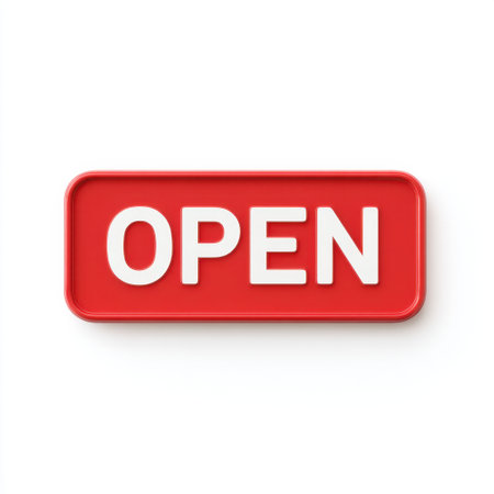 A vibrant red open sign showcases bold white letters, set against a clean white background. This image is perfect for business, retail, and marketing materials.の素材