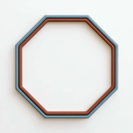 A unique octagonal frame design featuring soft blue and brown colors set against a minimalist white backdrop. Perfect for creative projects and modern decor.の素材