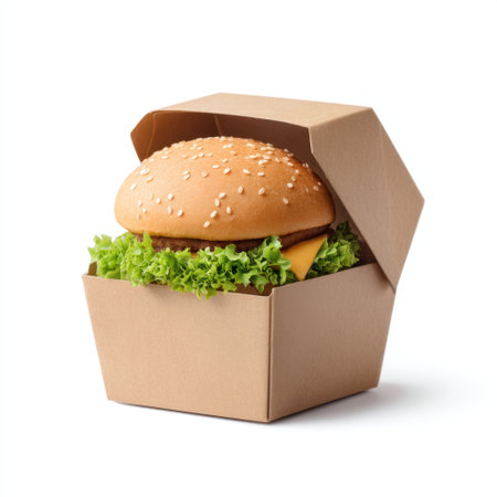 A delicious burger served in a takeout box, complete with fresh lettuce and melted cheese. Ideal for food enthusiasts, picnics, or casual dining experiences.の素材