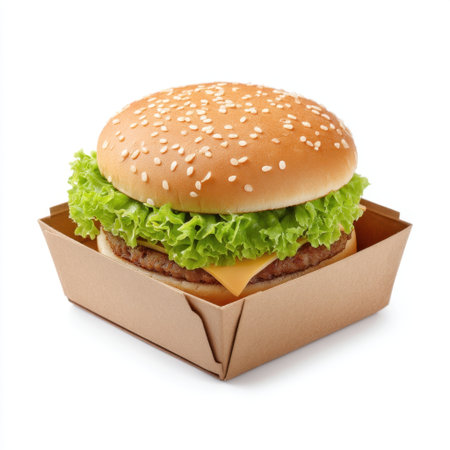 A delicious hamburger featuring fresh lettuce and cheese nestled in a sesame seed bun, perfectly packaged for takeaway. Ideal for fast food lovers and culinary enthusiasts.の素材