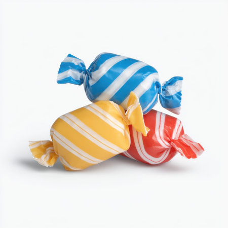 A stack of vibrant striped wrapped candy pieces showcasing cheerful colors, ideal for decorative displays, festive occasions, or adding a sweet touch to celebrations.の素材