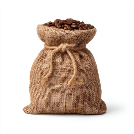 A charming burlap sack overflowing with rich roasted coffee beans, ideal for showcasing culinary ingredients or enhancing kitchen decor in cafes and homes.の素材