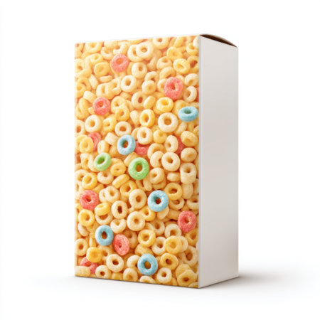 This vivid image features a box of colorful cereal rings, suitable for marketing breakfast items, kids' nutrition, and playful meal ideas, emphasizing fun and flavor.の素材