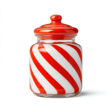This vibrant red and white striped glass jar features a charming round lid, making it perfect for decorating holiday tables or storing treats in style.の素材