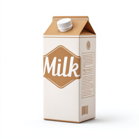 A fresh milk carton featuring a minimalist design, highlighting nutritional information and appealing aesthetics. Ideal for culinary and advertising uses.の素材