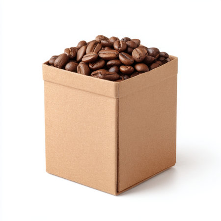 A cardboard box brimming with freshly roasted coffee beans captures the essence of rich flavors and aromas, perfect for showcasing products in grocery or cafe settings.の素材