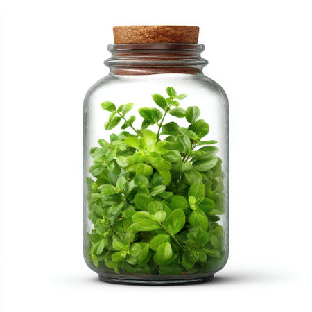 This image features fresh green herbs in a clear glass jar with a natural cork top, enhancing any space with a touch of nature and vibrancy for kitchen or decor.の素材
