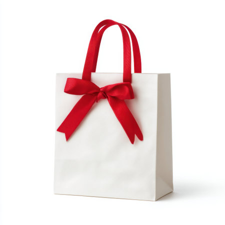 An elegant white gift bag adorned with a vibrant red ribbon bow, ideal for various occasions and celebrations, emphasizing a joyful and festive atmosphere.の素材