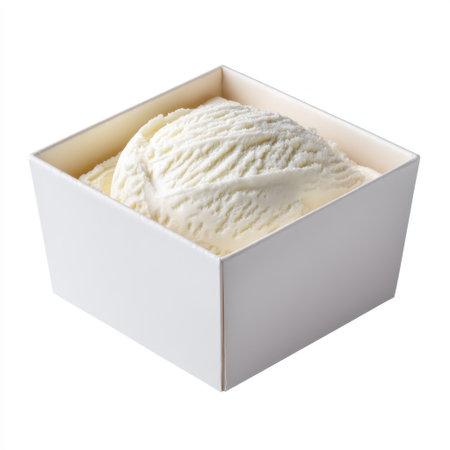 Delight in a scoop of freshly churned vanilla ice cream nestled in a white square container. Perfect for summer gatherings, this cold treat brings joy and refreshment.の素材