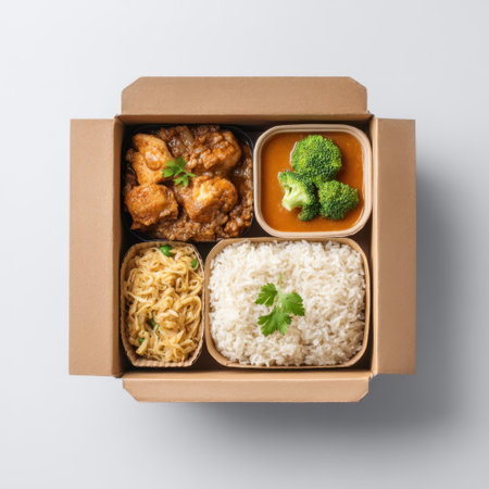 A mouthwatering meal box featuring chicken, broccoli, rice, and noodles, perfect for lunch or dinner. Enjoy a delightful mix of flavors and fresh ingredients.の素材