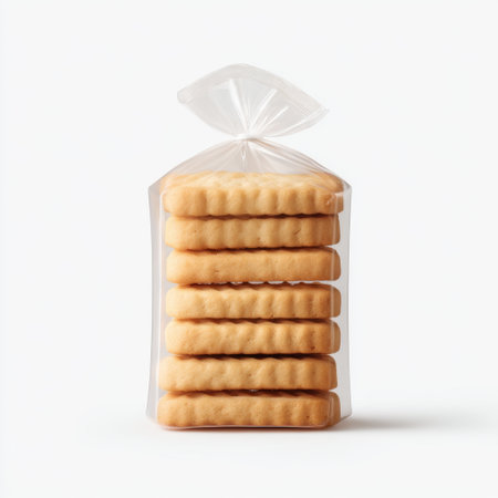 This image showcases freshly baked cookies in a clear plastic bag, emphasizing their delicious appeal and perfect for bakery marketing or food photography.の素材