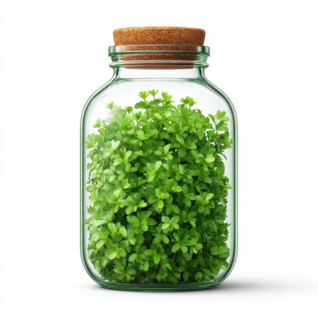 A vibrant display of fresh green herb plants stored in a clear glass jar with a cork lid. Ideal for themes of nature, decor, and healthy lifestyles in photography.の素材