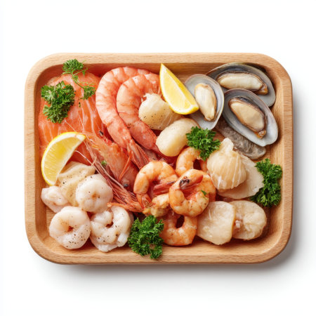 Captivating seafood platter featuring an array of fresh shrimp, scallops, mussels, and clams, beautifully garnished with lemon, perfect for culinary enthusiasts.の素材