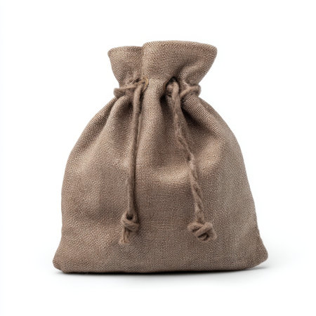 This brown burlap bag features a drawstring closure, perfect for gift wrapping or storage. Its rustic charm and texture make it a versatile decor item.の素材