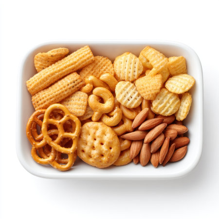 A delightful assortment of crunchy snacks including pretzels, crackers, and almonds in a white bowl, perfect for sharing at gatherings or enjoying during leisure time.の素材