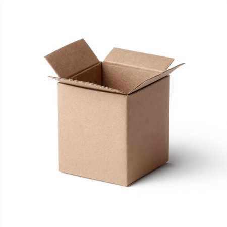 A simple, empty brown cardboard box with flaps open, ideal for packaging, shipping, or crafting. This isolated shot offers versatility for various design purposes.の素材