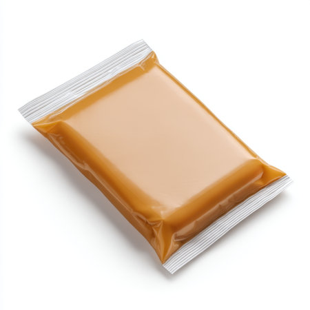 Bright orange sauce packet with a resealable top, ideal for quick meals or snacks. Perfect for dining, takeout, or enhancing home-cooked dishes.の素材