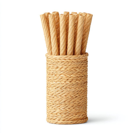 A collection of natural twisted straws showcased in a handwoven basket, emphasizing eco-friendly and sustainable choices for beverage enjoyment at any gathering.の素材