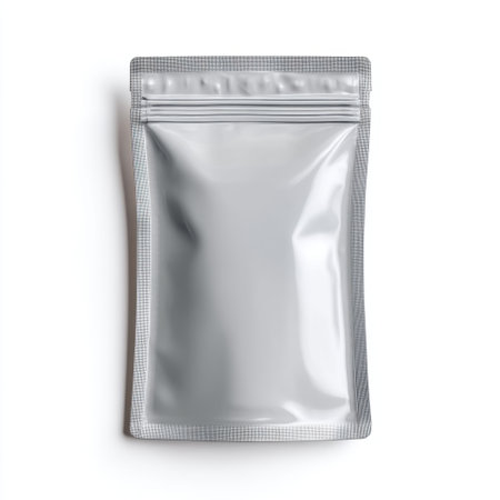 An empty silver packaging bag ready for branding and showcasing product designs. Ideal for presentations or mockups in food, snack, or cosmetic industries.の素材