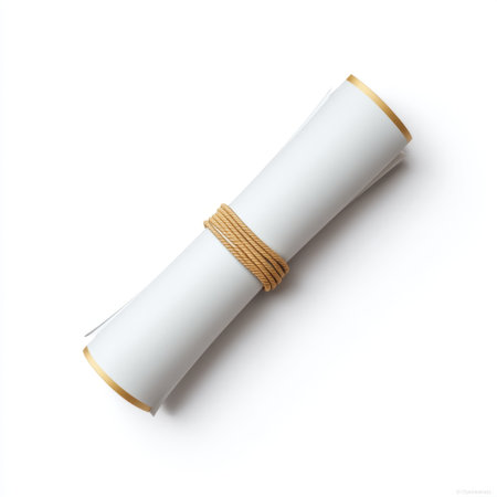 A visually appealing rolled document secured with twine, ideal for creative projects, invitations, or presentations, providing a blank space for personalization.の素材
