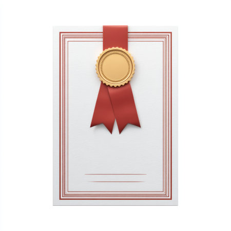 This elegant certificate features a red ribbon and a golden seal, ideal for recognizing achievements and celebrating milestones in education and award ceremonies.の素材