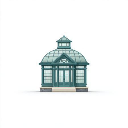 This elegant green house features a glass roof and large windows, showcasing contemporary architecture. Its design offers a blend of beauty and simplicity, perfect for creative projects.の素材