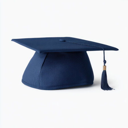 A traditional dark blue graduation cap featuring a tassel rests on a clean white background, symbolizing academic achievement and celebration of educational success.の素材