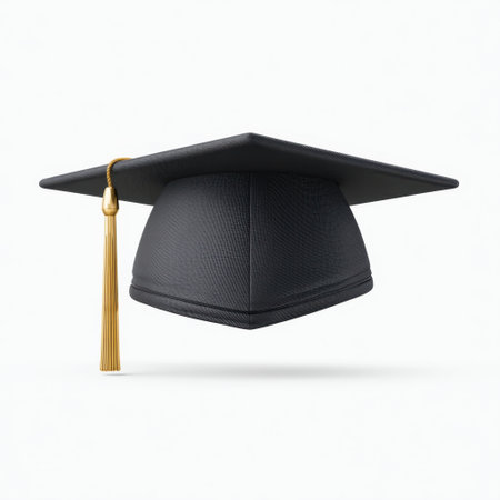 A classic black graduation cap with a gold tassel, isolated on a clean white background, represents educational achievement and the celebration of academic success.の素材