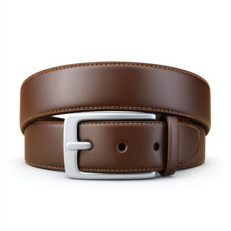 A classic brown leather belt featuring a sleek silver buckle, ideal for enhancing outfits. Perfect for everyday wear and suited for various occasions, providing style and comfort.の素材