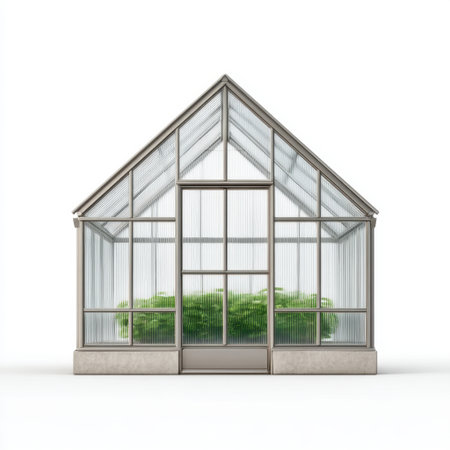 This modern greenhouse features a glass structure filled with vibrant plants, ideal for gardening enthusiasts seeking sustainable cultivation and natural light.の素材