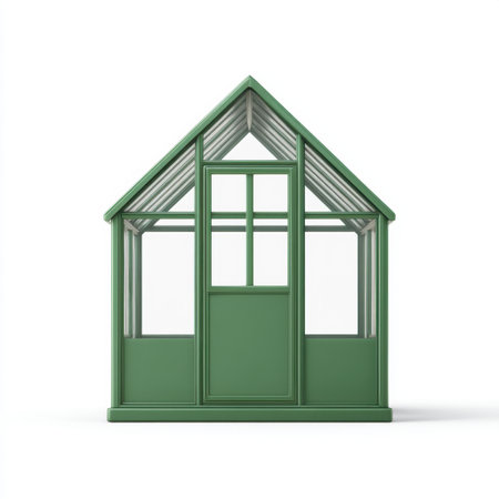 A beautifully designed green wooden greenhouse featuring glass panels, perfect for gardening enthusiasts seeking style and functionality in their outdoor spaces.の素材