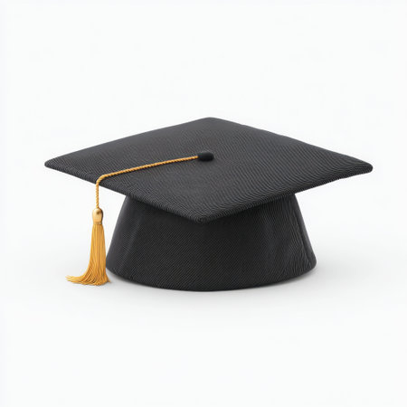A classic black graduation cap featuring a golden tassel, perfect for representing academic success, celebrations, and educational achievements against a white backdrop.の素材