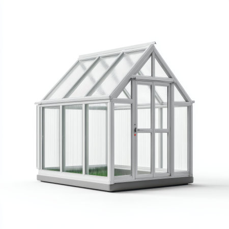 This modern greenhouse features a clear glass design with a white frame, perfect for plant growth and enhancing outdoor aesthetics while providing optimal sunlight.の素材